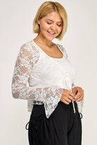 Women's plus size black sheer floral lace tie-front bell sleeve peplum top