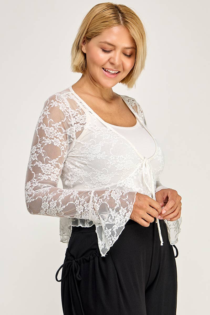 Women's plus size black sheer floral lace tie-front bell sleeve peplum top