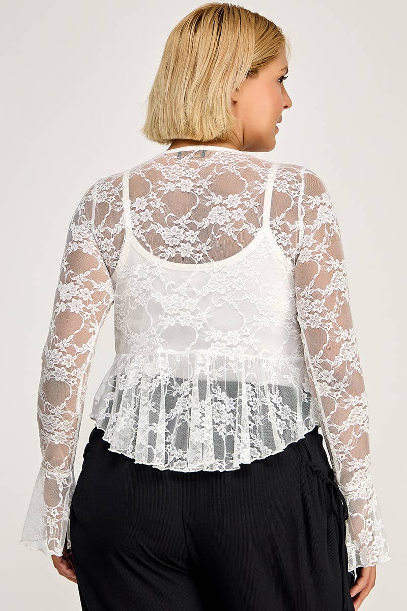 Women's plus size black sheer floral lace tie-front bell sleeve peplum top, view 2