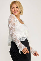 Women's plus size black sheer floral lace tie-front bell sleeve peplum top, view 4