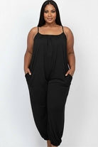 Women's plus size black sleeveless jogger jumpsuit with pockets