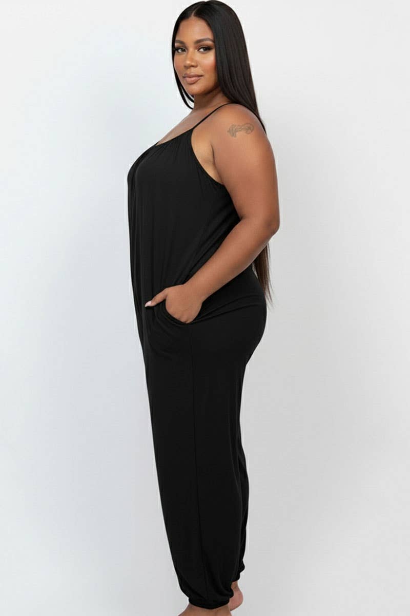 Women's plus size black sleeveless jogger jumpsuit with pockets, view 2