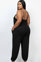 Women's plus size black sleeveless jogger jumpsuit with pockets, view 3