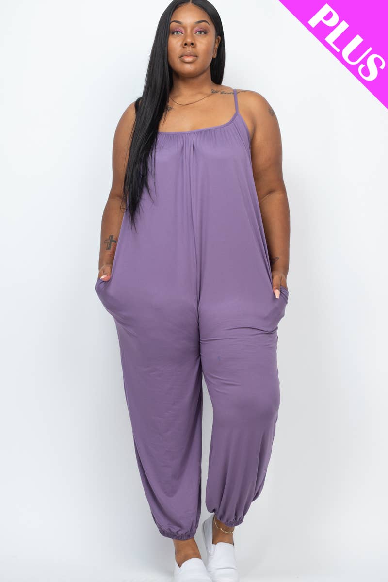 Women's plus size black sleeveless jogger jumpsuit with pockets, view 4