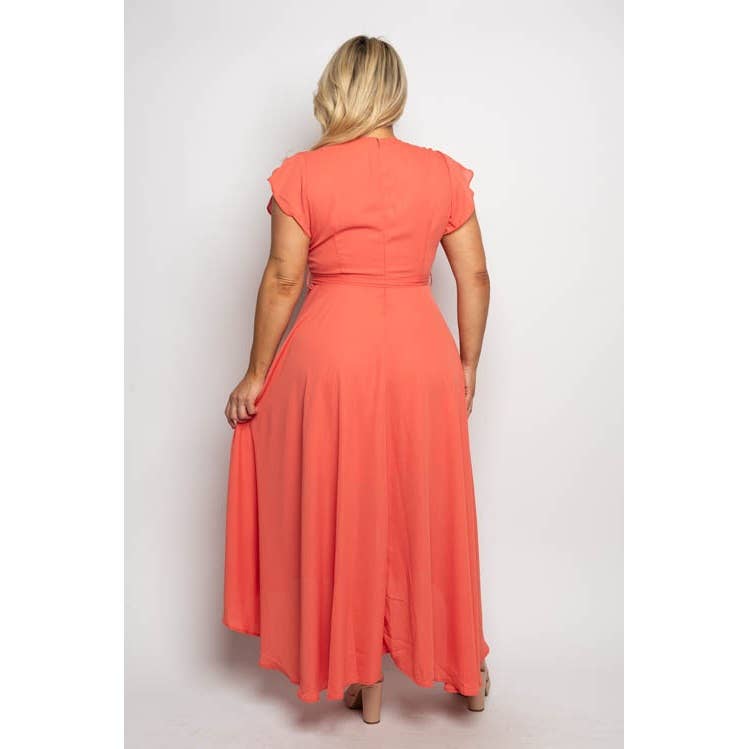 Women's plus size surplice wrap ruffle sleeve midi dress, view 2