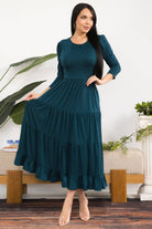 Women's plus size hunter green tiered midi dress with 3/4 sleeves, view 2