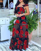 Women's red polka dot sheer mesh maxi dress with square neck and lace ruffle hem