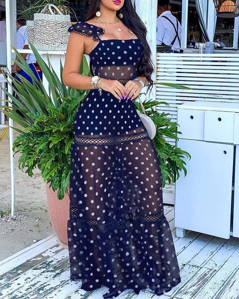 Women's red polka dot sheer mesh maxi dress with square neck and lace ruffle hem