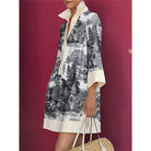 Women's black and white printed lapel collar long sleeve mini shirt dress