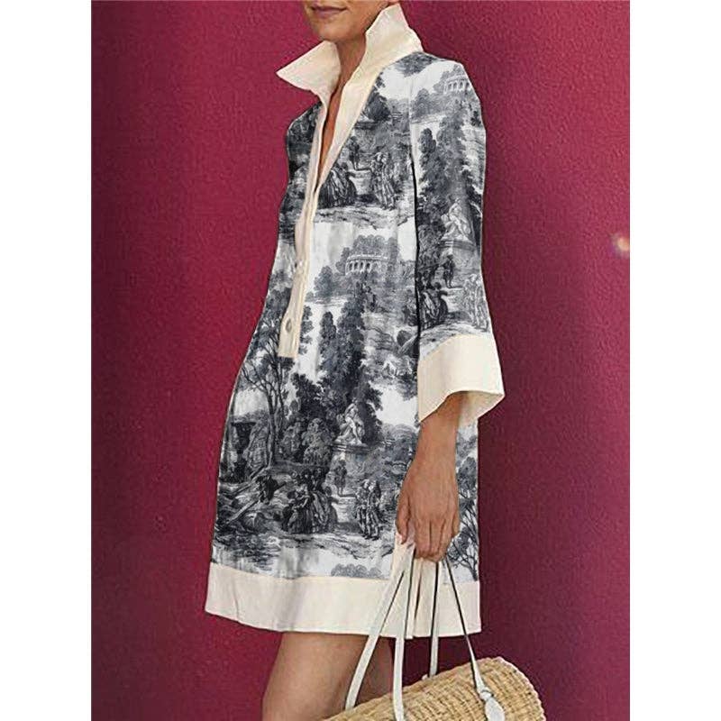Women's black and white printed lapel collar long sleeve mini shirt dress