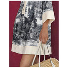 Women's black and white printed lapel collar long sleeve mini shirt dress – detail view