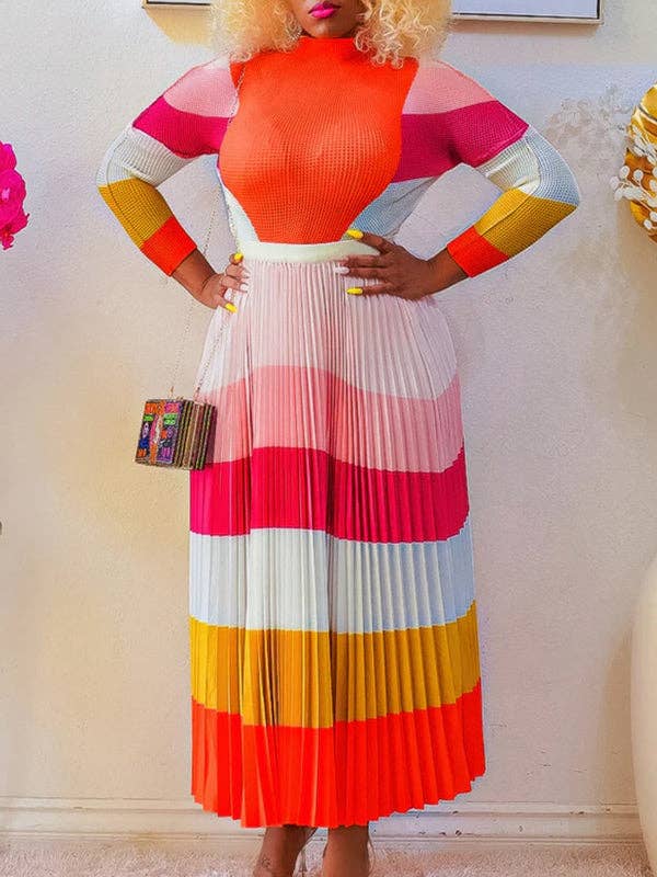Women's printed mock neck top & pleated midi skirt set in pink, brown, orange or fuchsia – front view