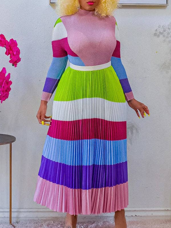 Women's printed mock neck top & pleated midi skirt set in pink, brown, orange or fuchsia – alternate view