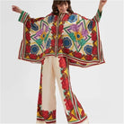 Women's printed stand collar asymmetric hem top and pant set – view 2