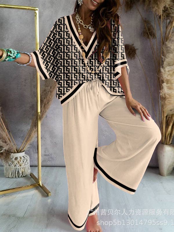 Women's khaki printed V-neck tee and drawstring wide-leg pant set – front view