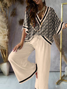 Women's khaki printed V-neck tee and drawstring wide-leg pant set – view 3