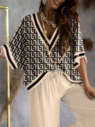 Women's khaki printed V-neck tee and drawstring wide-leg pant set – view 4