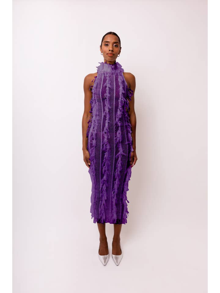 Women's Purple High-Neck Ruffle Midi Dress - front view