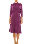 Women's Purple Three-Quarter Sleeve A-Line Midi Dress - front view