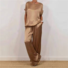 Women's brown short-sleeve raglan tee and wide-leg pant set – front view