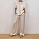 Women's brown short-sleeve raglan tee and wide-leg pant set – view 2