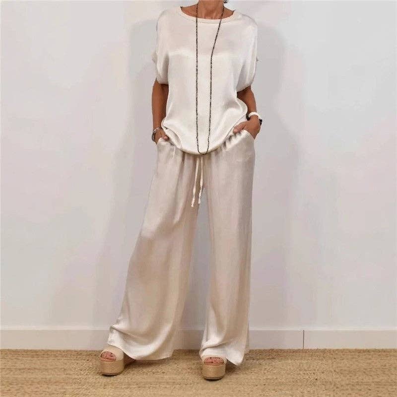 Women's brown short-sleeve raglan tee and wide-leg pant set – view 2