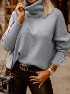 Women's black relaxed high-neck knit sweater with button detail – alternate view