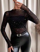 Women's black sheer mesh long sleeve top with rhinestone embellishment - photo 2