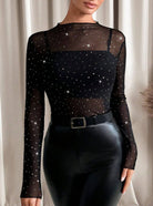 Women's black sheer mesh long sleeve top with rhinestone embellishment - photo 3