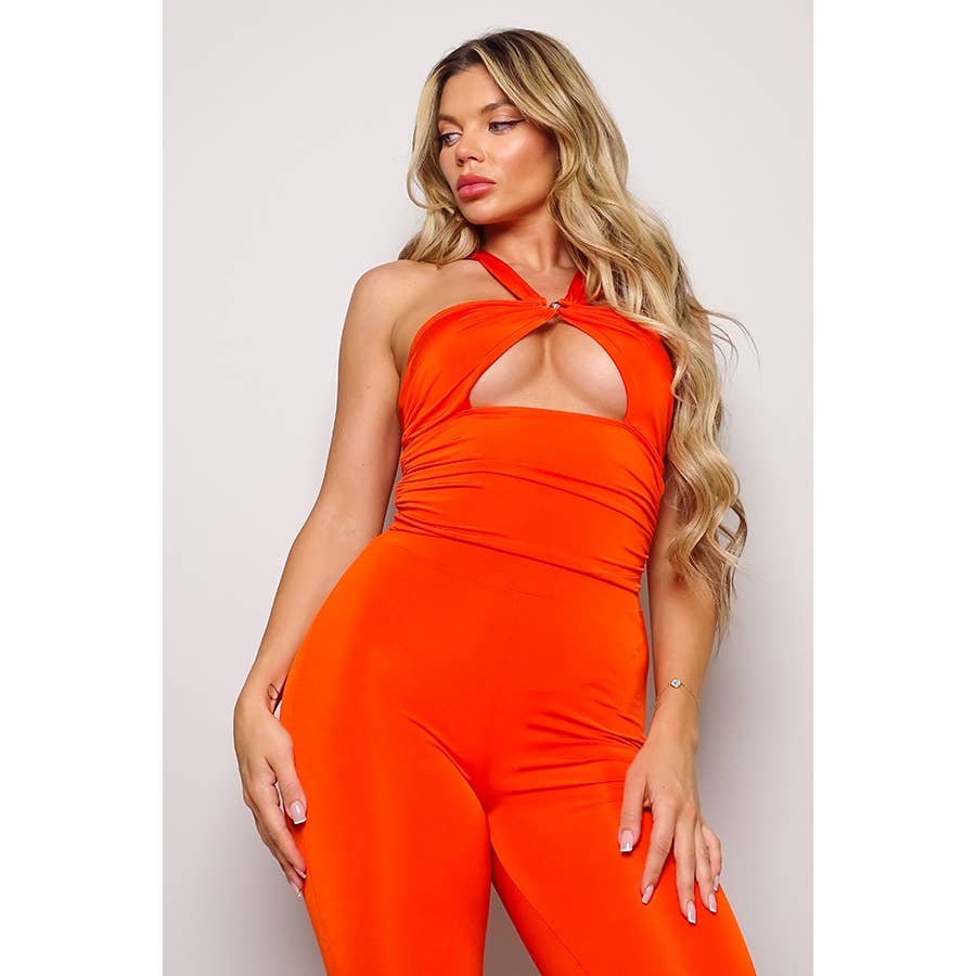 Women's black ring front cross halter crop top and high-waist leggings set