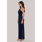 Women's navy ruched one-shoulder pleated maxi dress