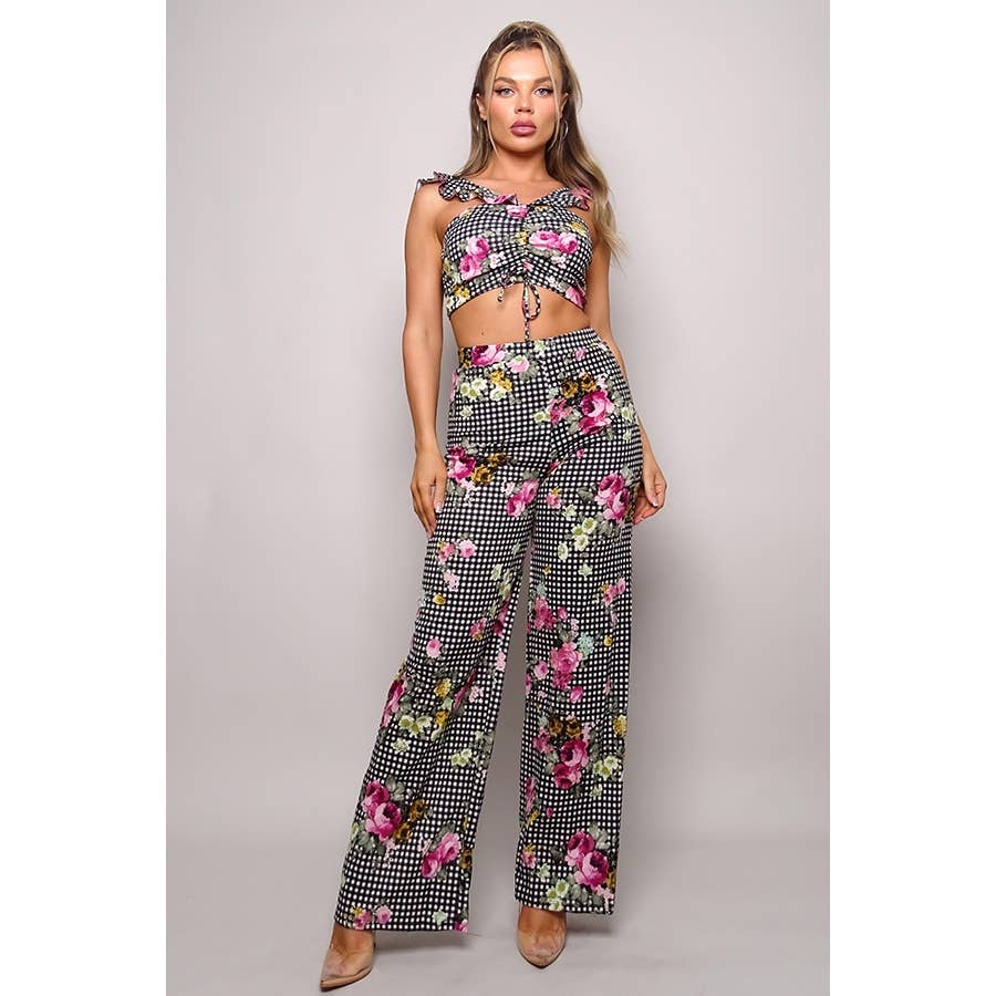 Women's black floral plaid ruched crop top and palazzo pants set