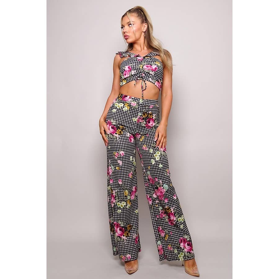 Women's black floral plaid ruched crop top and palazzo pants set