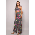 Women's black floral plaid ruched crop top and palazzo pants set