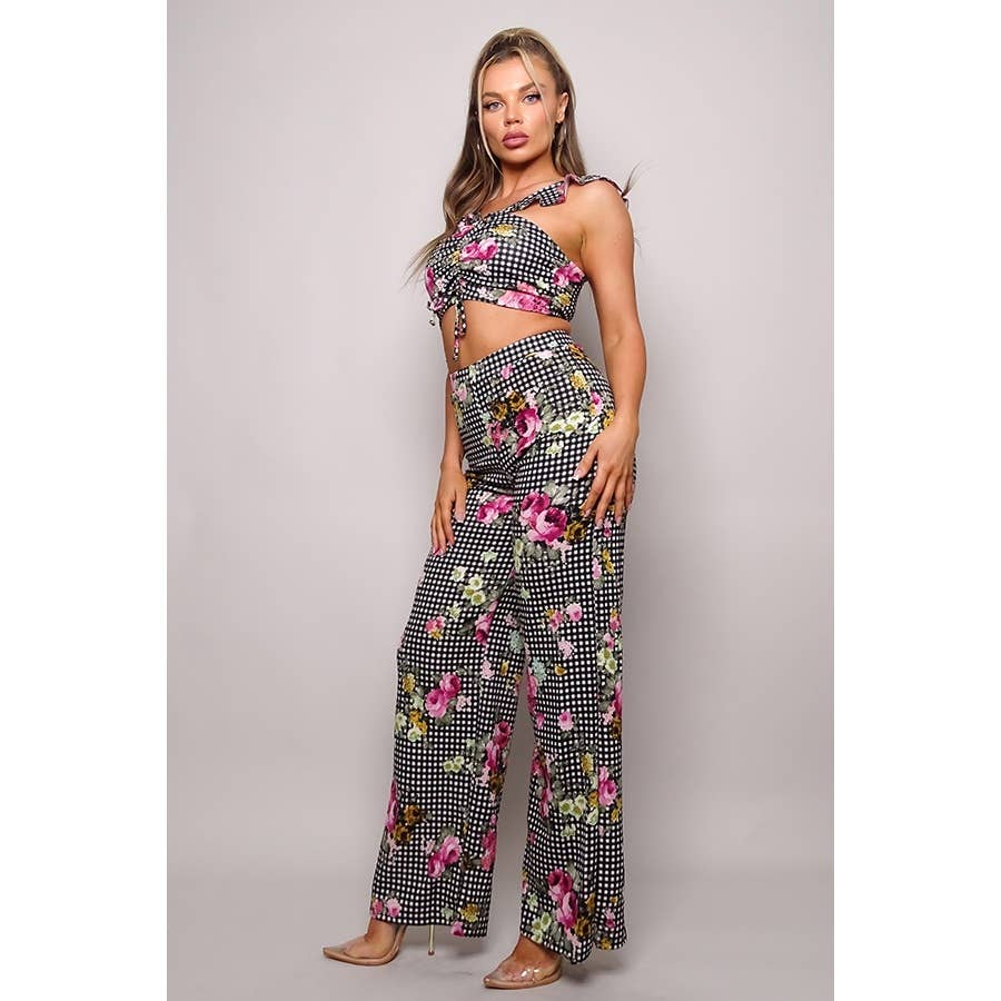 Women's black floral plaid ruched crop top and palazzo pants set