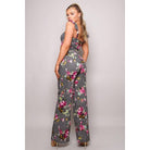 Women's black floral plaid ruched crop top and palazzo pants set