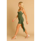 Women's dark sage ruched side cutout ruffle mini dress