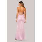 Women's baby pink ruched square neck column maxi gown with slit – view 4