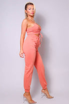 Women's coral ruched tie-front crop cami and cargo jogger pants set
