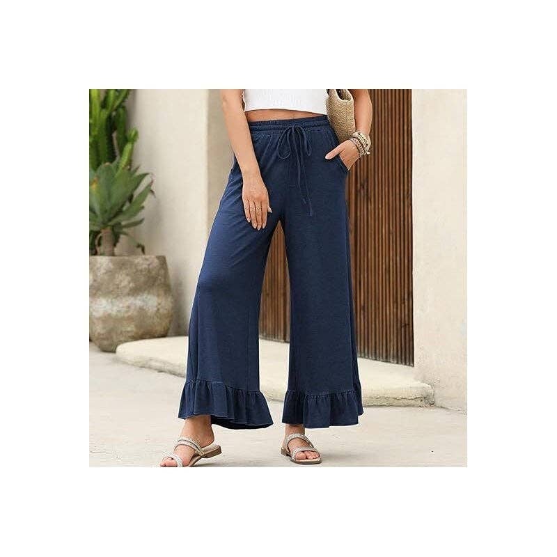 Women's malachite blue ruffle flare hem drawstring cropped pants – detail view