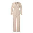 Women's khaki ruffle long sleeve top and wide leg pants set