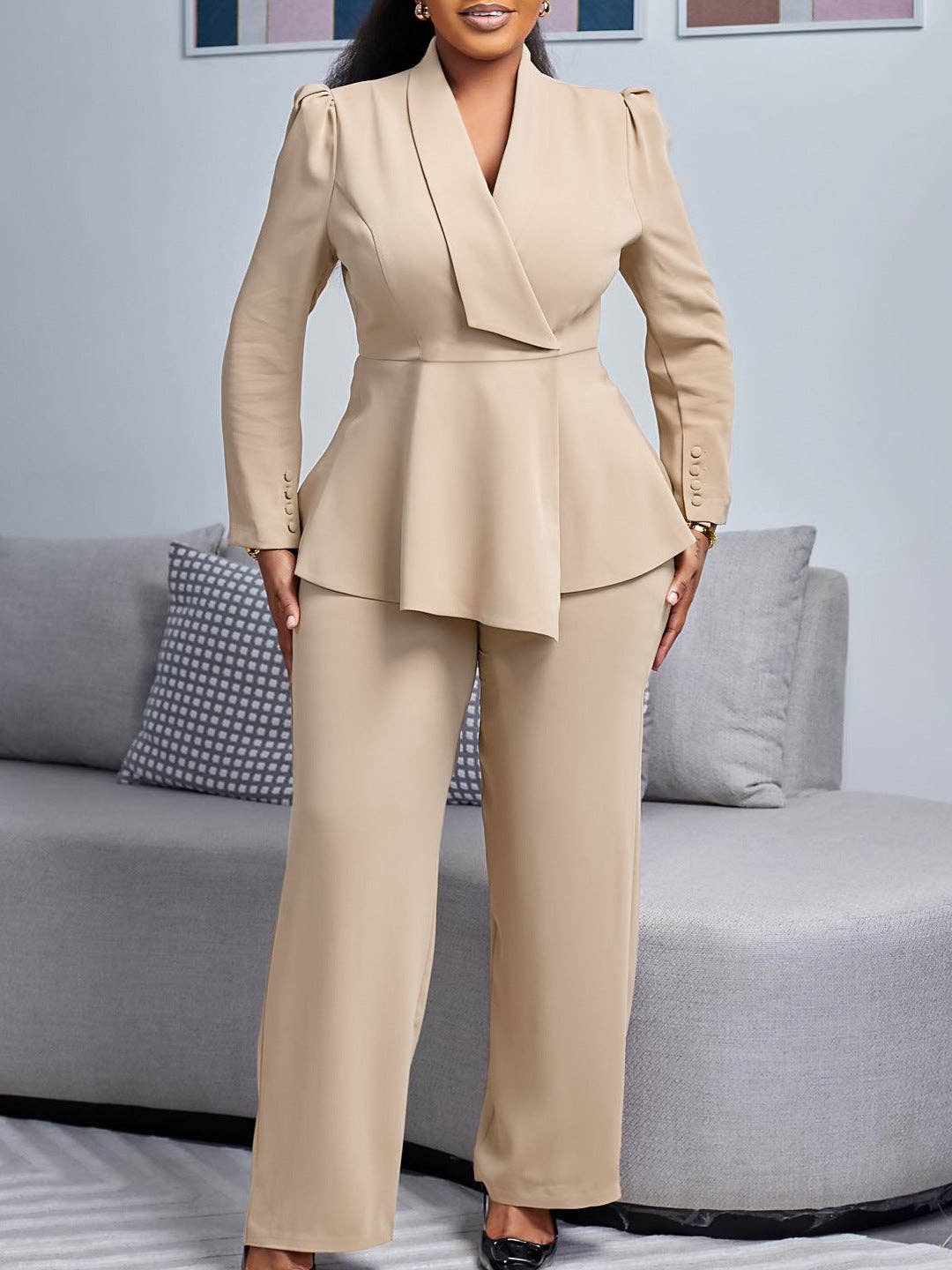 Women's khaki ruffle long sleeve top and wide leg pants set, view 2