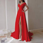 Women's ruffle waist V-neck sleeveless maxi evening gown in red, black, green, blue or white – front view