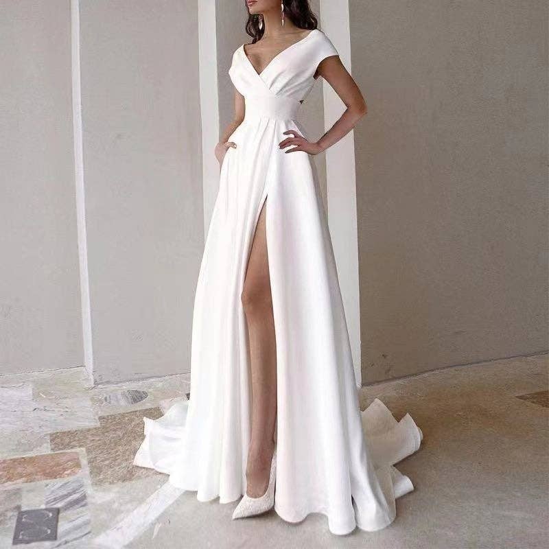 Women's ruffle waist V-neck sleeveless maxi evening gown in red, black, green, blue or white – alternate view