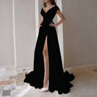 Women's ruffle waist V-neck sleeveless maxi evening gown in red, black, green, blue or white – styled view