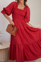 Women's red ruffled short sleeve maxi dress with high waist and open back