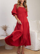 Women's red ruffled short sleeve maxi dress with high waist and open back - view 2