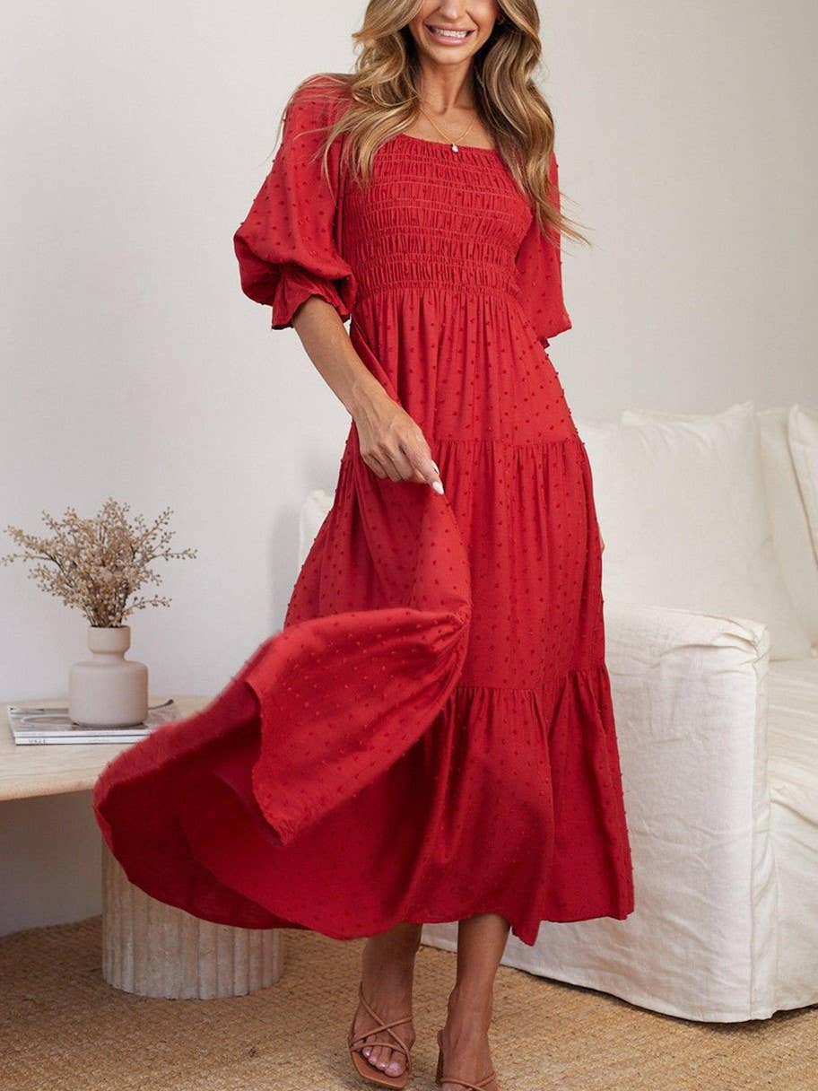 Women's red ruffled short sleeve maxi dress with high waist and open back - view 2