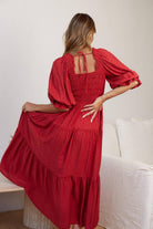 Women's red ruffled short sleeve maxi dress with high waist and open back - view 3