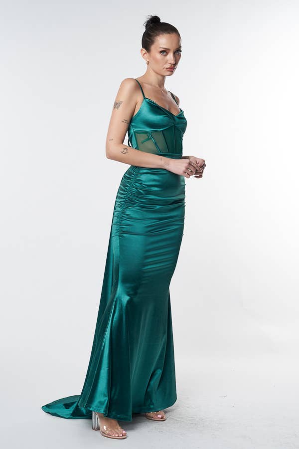 Women's hunter green satin mesh corset sweetheart maxi dress with train